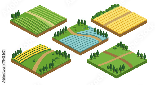 Isometric landscape: diverse agricultural fields and natural scenery designs