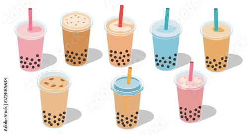 Assorted bubble tea drinks with tapioca pearls in modern flat style