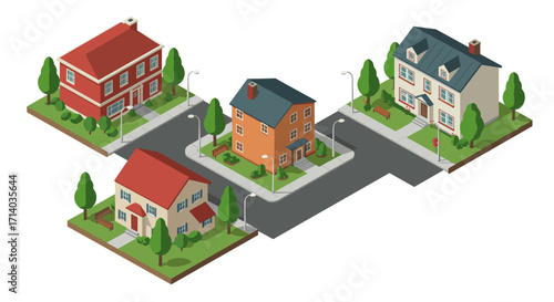 Charming neighborhood scene in isometric style featuring cozy homes