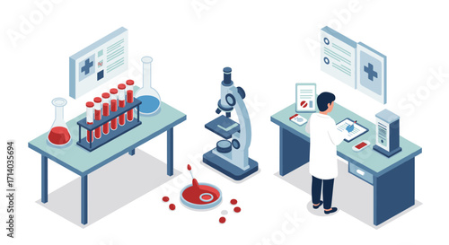 Isometric laboratory scene with scientist, microscope, and test tubes