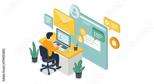 Isometric office communication: digital workspace with messaging and email