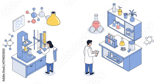 Scientists in lab with equipment and glassware in isometric style