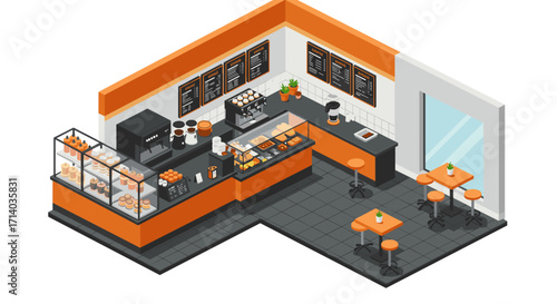 Cozy isometric coffee shop interior with modern design and pastry display