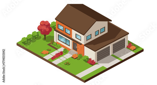 Modern isometric house with garden and garage exterior design