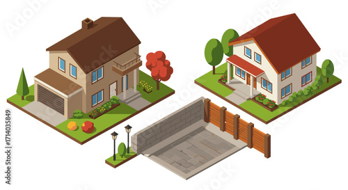 Charming suburban houses with garage and garden in isometric style