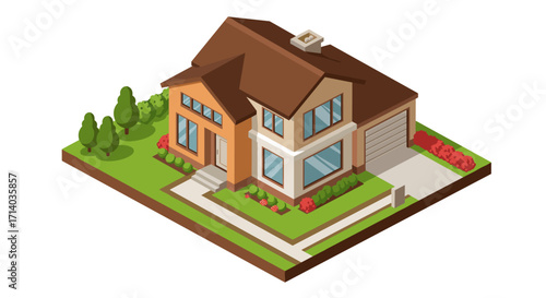 Modern isometric house with garden and garage in 3d design