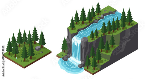 Isometric 3d design of waterfall on forested cliff and pine tree woodland