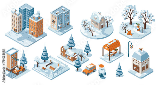 Winter cityscape in isometric style featuring snowy buildings and trees