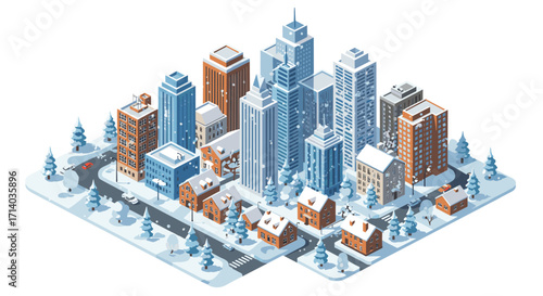Winter cityscape with snow-covered skyscrapers and cozy houses in isometric style