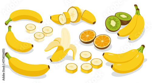 Fresh fruits collection: bananas, orange slices, kiwi in isometric style