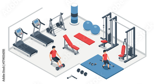 Modern indoor gym with equipment in isometric style for fitness and exercise enthusiasts