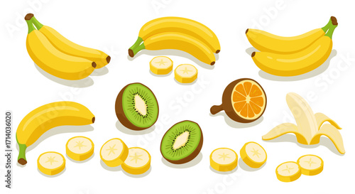 Isometric banana and fruit collection with kiwi and citrus slices