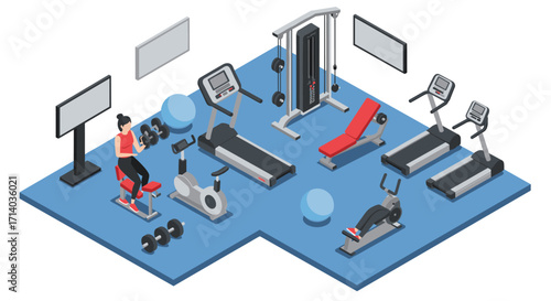 Modern gym equipment in isometric style for fitness and exercise enthusiasts