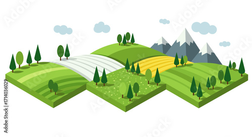 Isometric landscape with rolling hills, trees, and mountains under a clear sky
