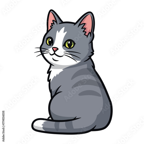 Cute Kitten Illustration: A charming cartoon kitten, with bright eyes and a playful demeanor, sits regally, turning to gaze directly at the viewer.