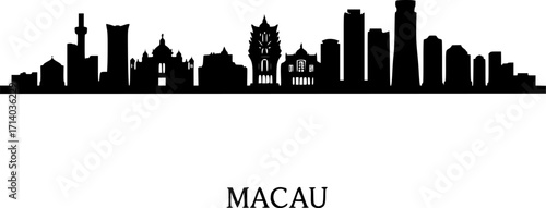 Vector Macau skyline. Travel Macau famous landmarks. Business and tourism concept for presentation, banner, web site. Vector black silhouette. with white background