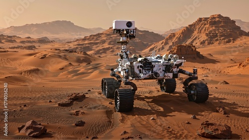 A lone robotic explorer traverses the vast, sandy dunes and rugged mountains of an alien desert landscape.