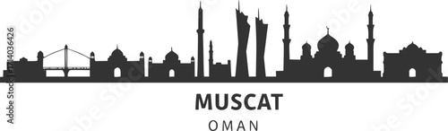 Muscat skyline horizontal banner. Muscat, Oman. Vector template for your design. Vector black silhouette. with white background
