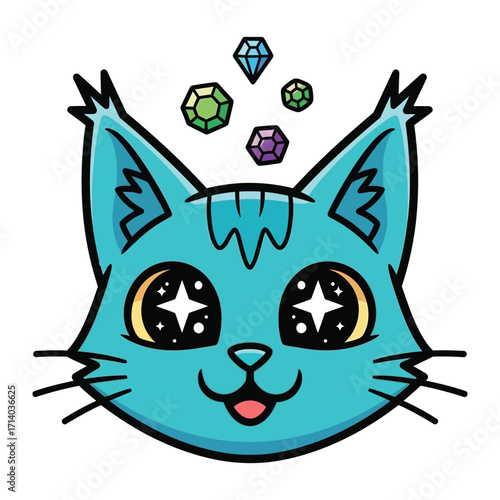 Cosmic Cat: A whimsical illustration of a cat with vibrant blue fur, mesmerizing starry eyes and a selection of colorful gems floating above its head, full of dreamlike beauty and fantasy.