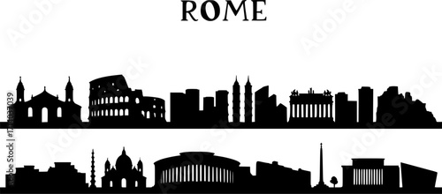 Rome city skyline horizontal banner. Black Rome city, Italy. Vector template for your design. Vector black silhouette. with white background
