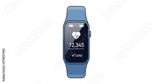 Smartwatch illustration, displaying health data, steps, and heart rate, representing fitness, technology, and wellness