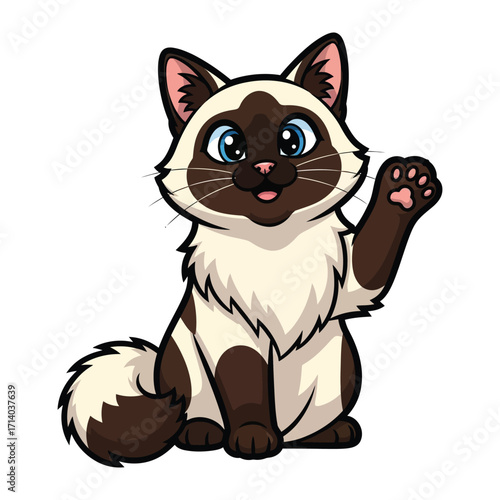 Charming Kitten Cartoon: A delightful cartoon kitten with captivating blue eyes and a friendly wave. The kitten's playful pose and adorable appearance evoke warmth and cheerfulness.