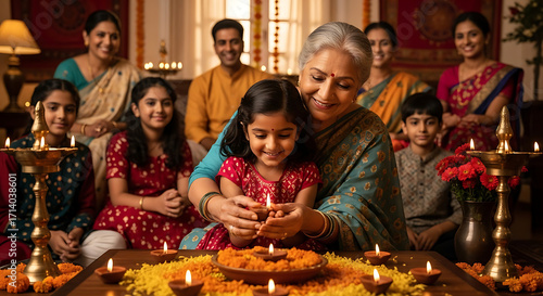 Grandmother and granddaughter lighting diyas during Diwali celebration, surrounded by family.
