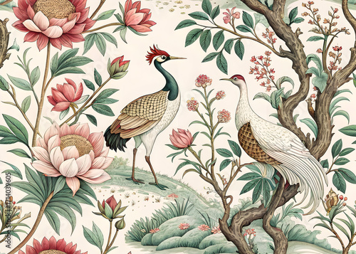 Wallpaper Mural Elegant Cranes and Floral Design Botanical Illustration featuring two cranes amidst lush flowering plants Torontodigital.ca
