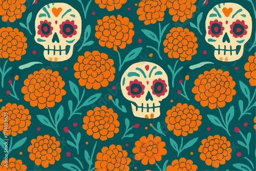 Seamless Vector Pattern with Marigolds and Sugar Skulls — Limited Palette Tileable Swatch for Packaging or Fabric (No Text)