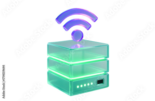 Sleek modern server icon with glowing WiFi signal symbolizes digital connectivity and data.