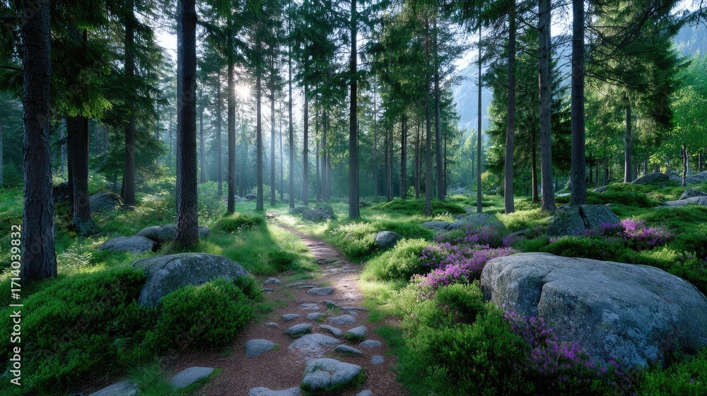 Fototapeta premium Lush Forest Scene with Sunlight Streaming Through Tall Trees and Rocks