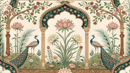 Elegant Peacock and Lotus Flower Garden Illustration with Mughal Architectural Arches
