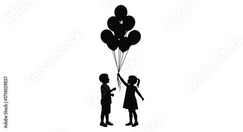 Children reaching for floating balloons in a simple black silhouette