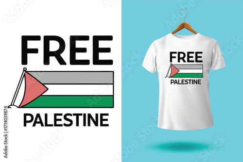 Graphic design and tshirt featuring free gaza free palestine slogan with national flag colors, promoting solidarity and awareness
