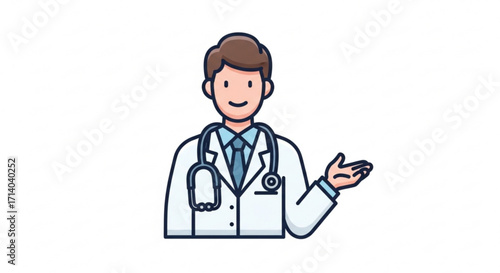 Friendly doctor in white coat with stethoscope, offering assistance with a welcoming gesture and a warm smile