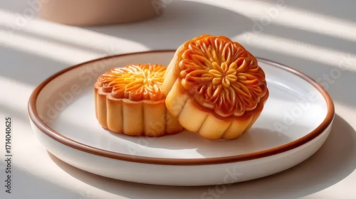 黄金色の月餅が白い皿に並ぶ穏やかな光
