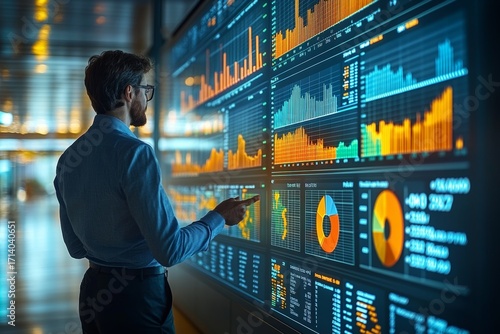 Business advisor presenting yearly revenue report on a large screen with bar charts and pie charts concept of fiscal analysis and investment review