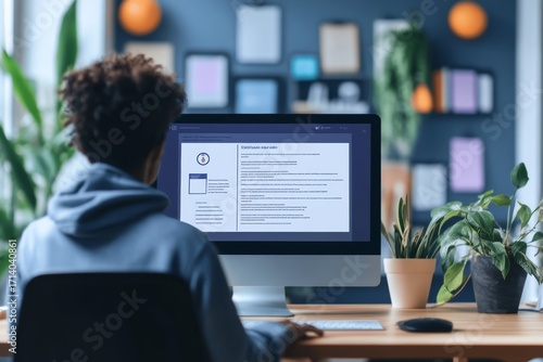 Employee completing e-learning compliance training module with digital certificate confirmation screen for hr records
