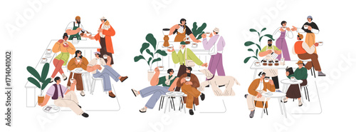 Coffee shop, coffeehouse community, club. People gathering for cupping, morning party. Barista brewing drink for tasting. Specialty culture. Flat vector illustration isolated on white background.