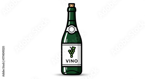 Illustration of a green wine bottle with a label that says vino the bottle is sealed with a cork