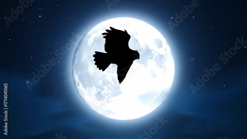 Majestic Owl in Silhouette Flies Past a Glowing Full Moon on a Starry Night