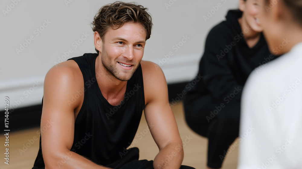 Obraz premium Fit man smiling while resting in gym during training