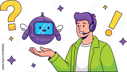 Customer service representative with robot assistant isolated on white background