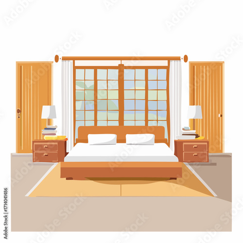 Cozy bedroom with wooden furniture, double bed, lamps, and large window, symbol of comfort and modern lifestyle.