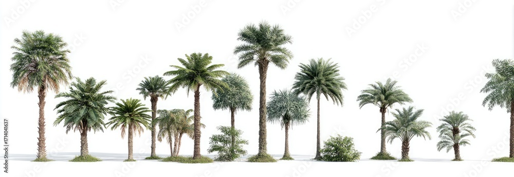 Fototapeta premium Variety of palm trees against a white background
