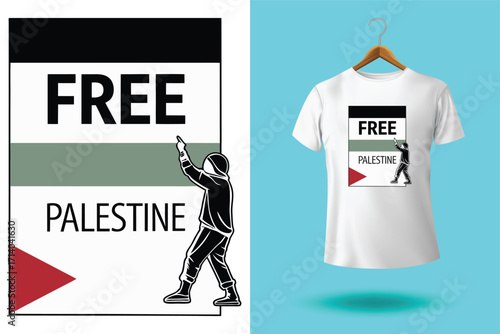 Graphic design and tshirt featuring free gaza free palestine slogan with national flag colors, promoting solidarity and awareness
