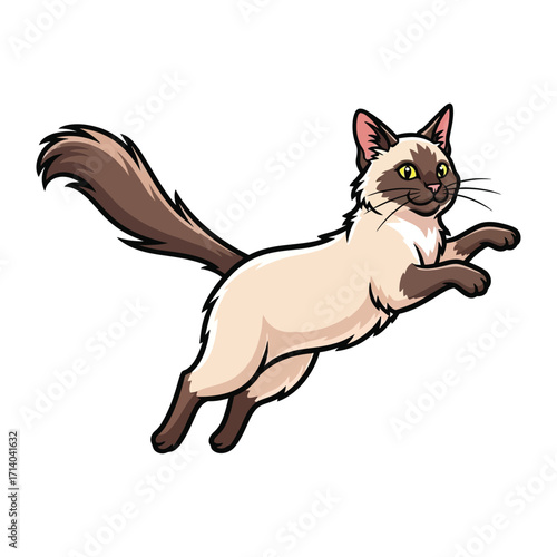 Siamese Cat's Delight: Captivating illustration of a gracefully leaping Siamese cat with its distinctive markings and sleek physique, conveying an impression of joyous energy.