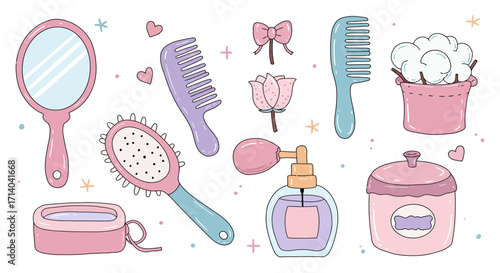 A charming set of hand-drawn beauty and personal care accessories including a mirror, comb, and perfume in a cute pastel color palette