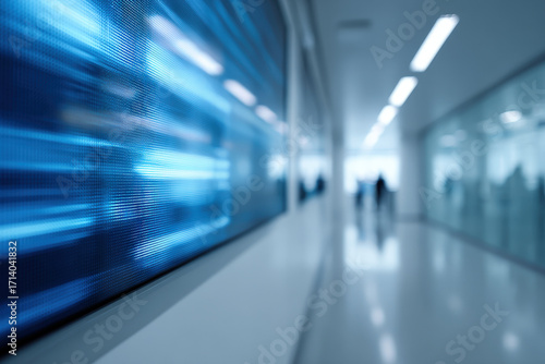 modern office environment featuring large presentation screen with blurred white text bars