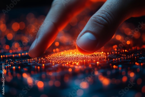 Close-up of business hand using a fingerprint scanner for secure access to digital contract files data protection and privacy concept